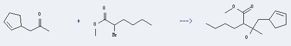 Methyl 2-bromohexanoate can react with cyclopent-2-enyl-acetone to produce 2-(2-cyclopent-2-enyl-1-hydroxy-1-methyl-ethyl)-hexanoic acid methyl ester